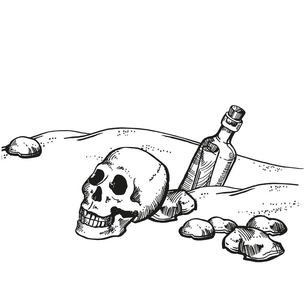 hand drawn sandy seabed with stones, victim of shipwreck scull, bottle with letter sticking out of sand, monochrome illustration of disaster, pirate story at bottom of sea, black white sketch vector