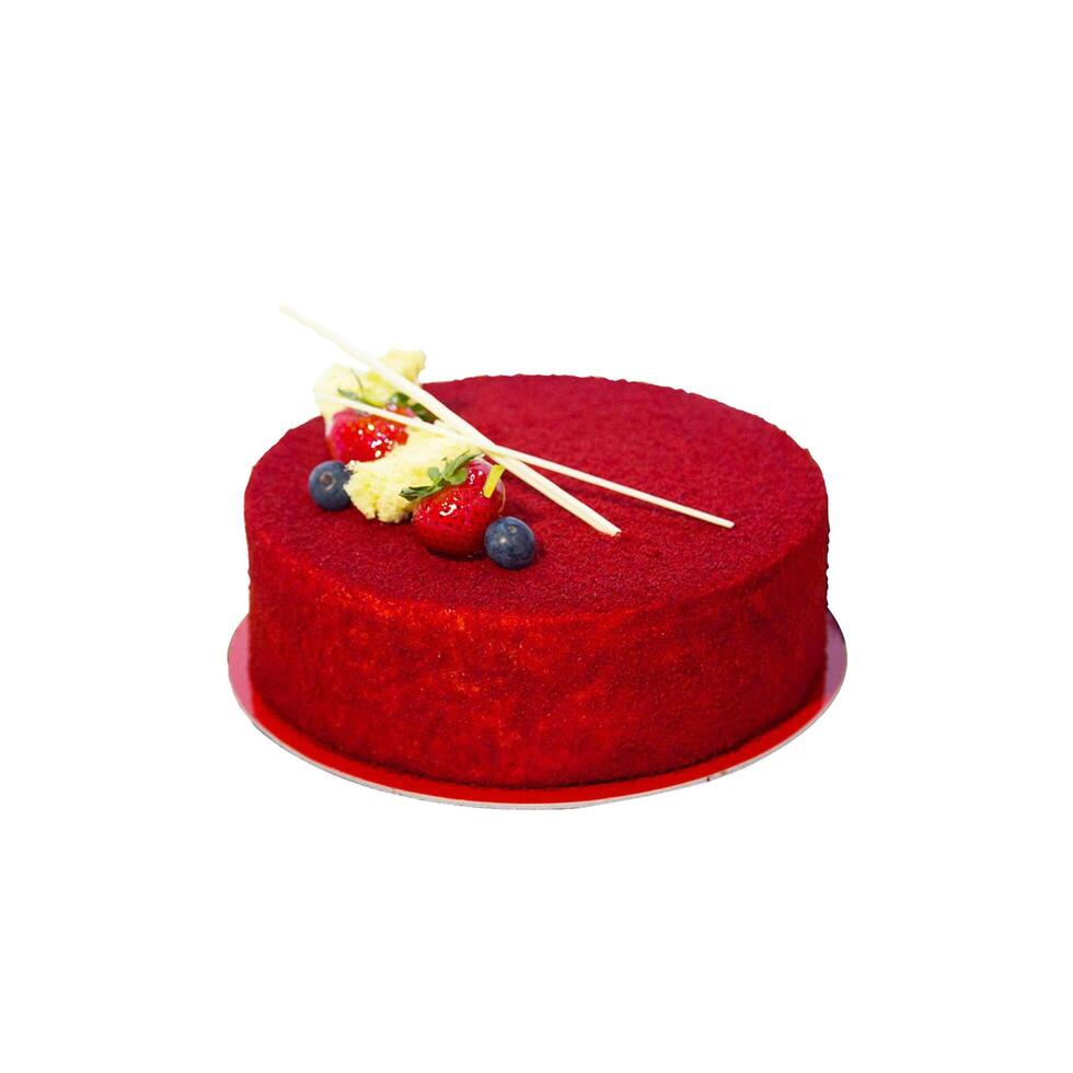 red cake with with berries, strawberries and cherries photo