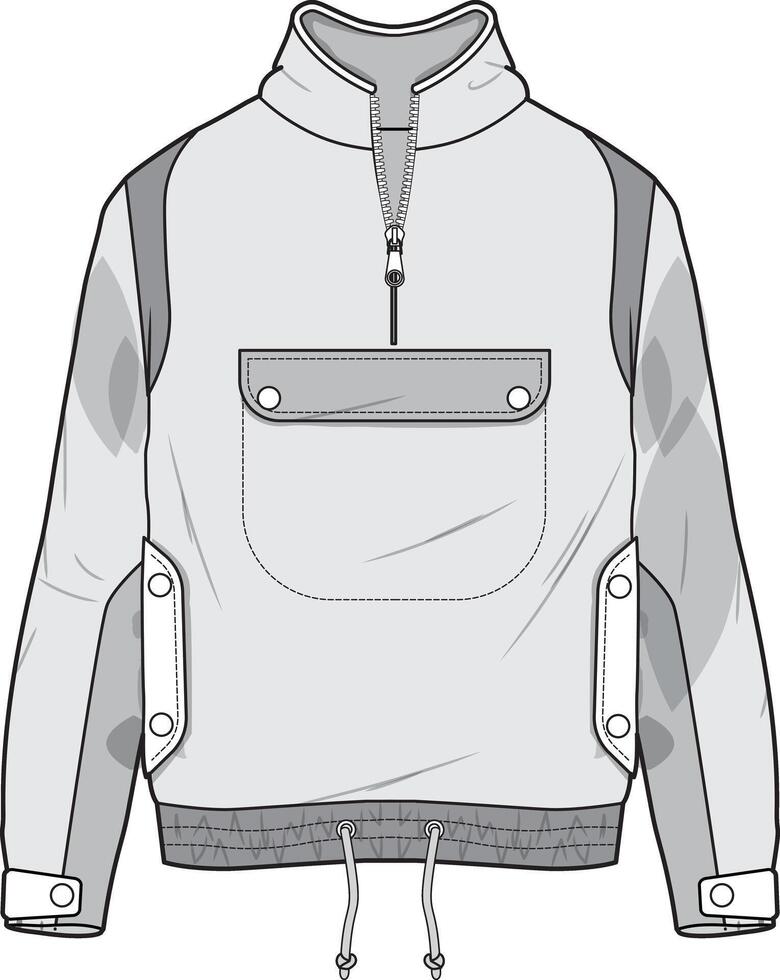 Techwear Pullover Jacket with Chest Flap Pocket and Contrast Panel Sleeves Unisex Utility Fashion Sketch vector