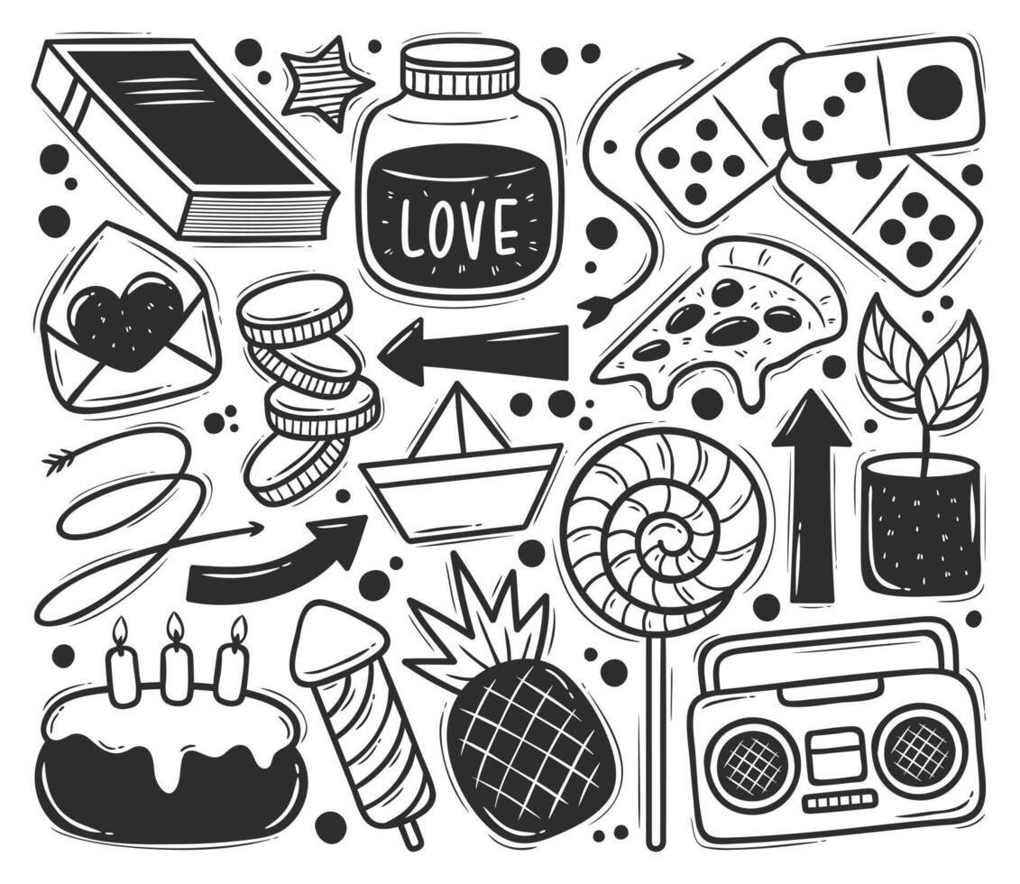 Abstract Scribble Icons Set Hand Drawn Doodle Stylish Colorful and Black and White Elements for Coloring Pages, Creative Backgrounds, Kids' Activities, Branding, and Artistic Design Projects vector