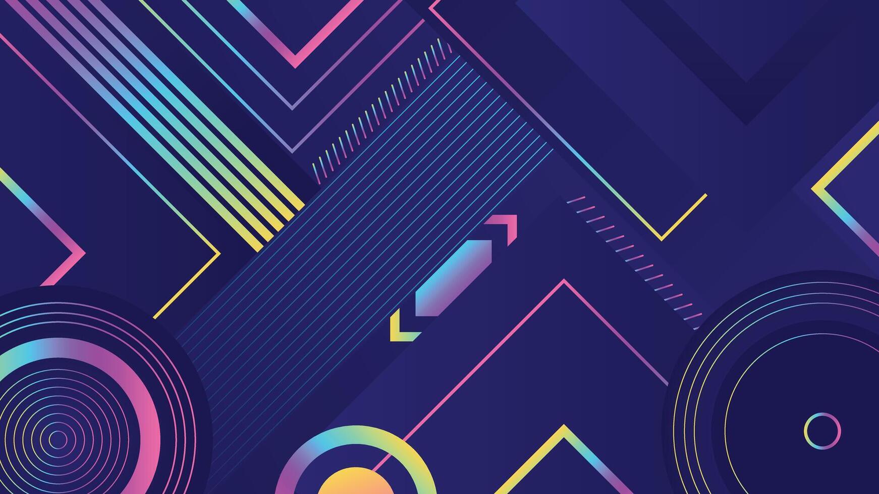 Vibrant abstract background with neon gradient lines circles and angles over a dark blue base perfect for digital design and creative projects vector