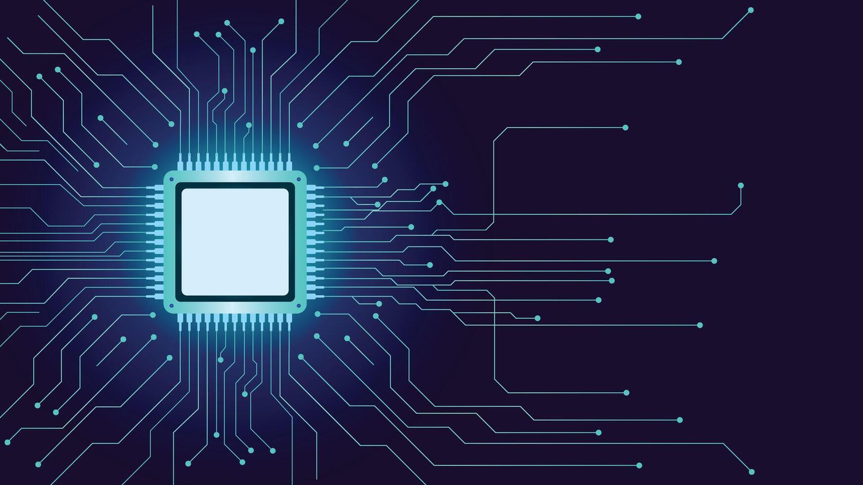 Modern digital background featuring a glowing microchip and blue circuitry lines on a dark tech layout perfect for electronics and innovation themes vector