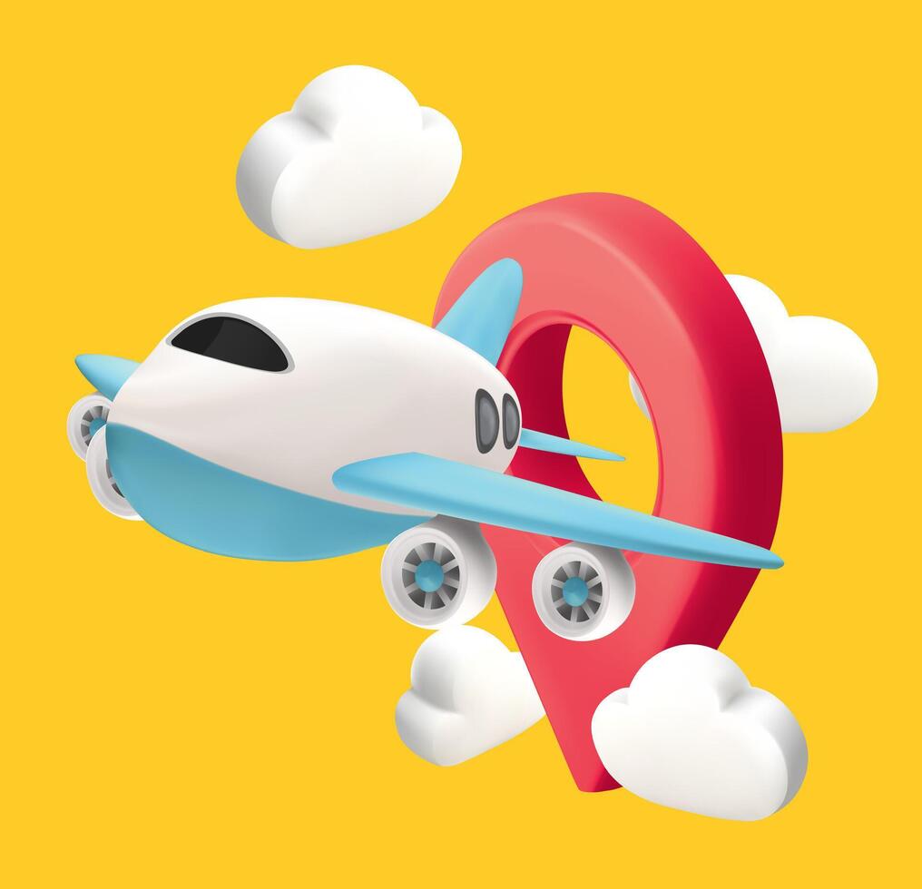 Airplane is float away from location pin and cloud. Banner design for making ad media about tourism. Travel transport concept vector