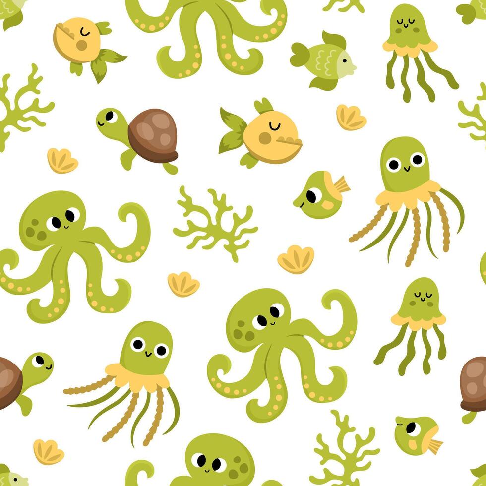 under the sea seamless pattern. Repeat background with green jellyfish, octopus, shells, tortoise, seaweeds. Ocean life digital paper. Funny water animals and weeds illustration with cute fish vector