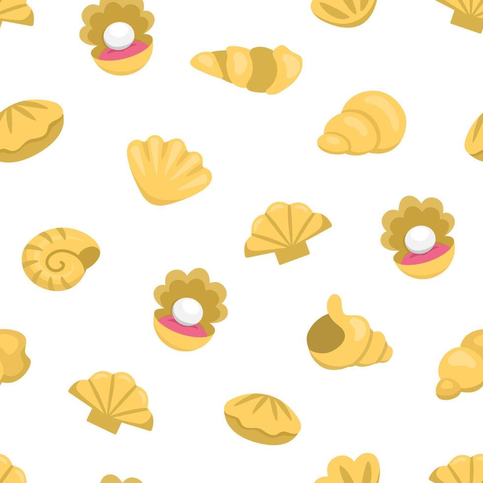seamless pattern with seashells. Under the sea repeat background with yellow shells, mollusk, pearl. Ocean life digital paper. Funny water animals or summer beach illustration vector