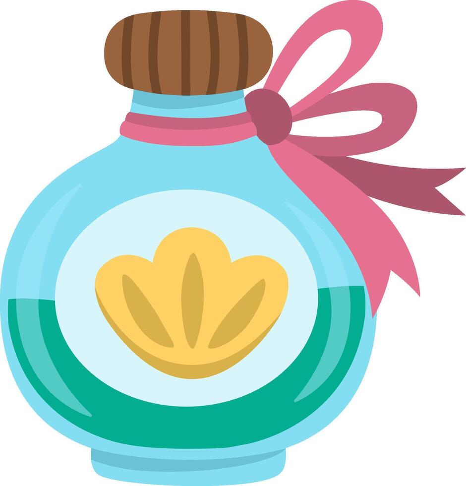 blue marine bottle with magic potion. Cute witchcraft element with sea shell and bow. Mermaid glass jar icon. Underwater princess liquid beverage or elixir illustration for kids vector
