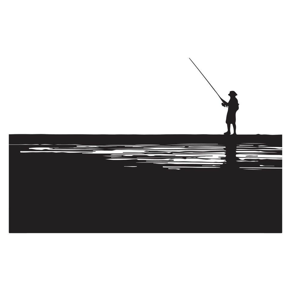 Silhouette of a fisherman casting a line with reflection on water in black and white vector
