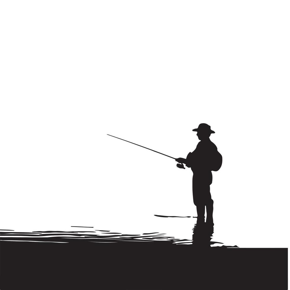 Silhouette of a fisherman casting a fishing rod into the water against white background vector