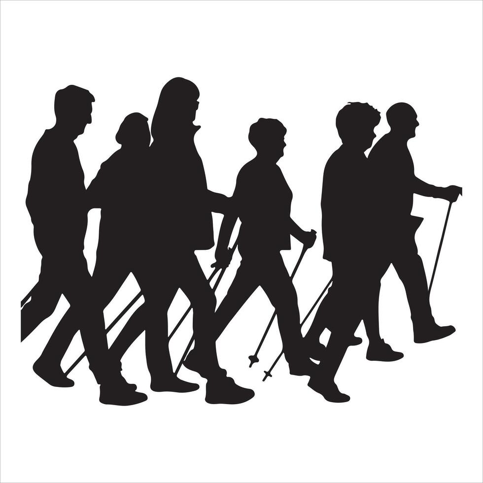 Silhouette of group exercising with nordic walking poles and active lifestyle depiction vector