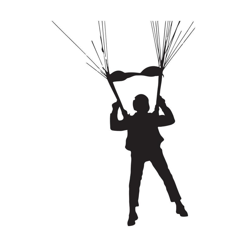 Silhouette of a skydiver with parachute against a clean white background for design vector