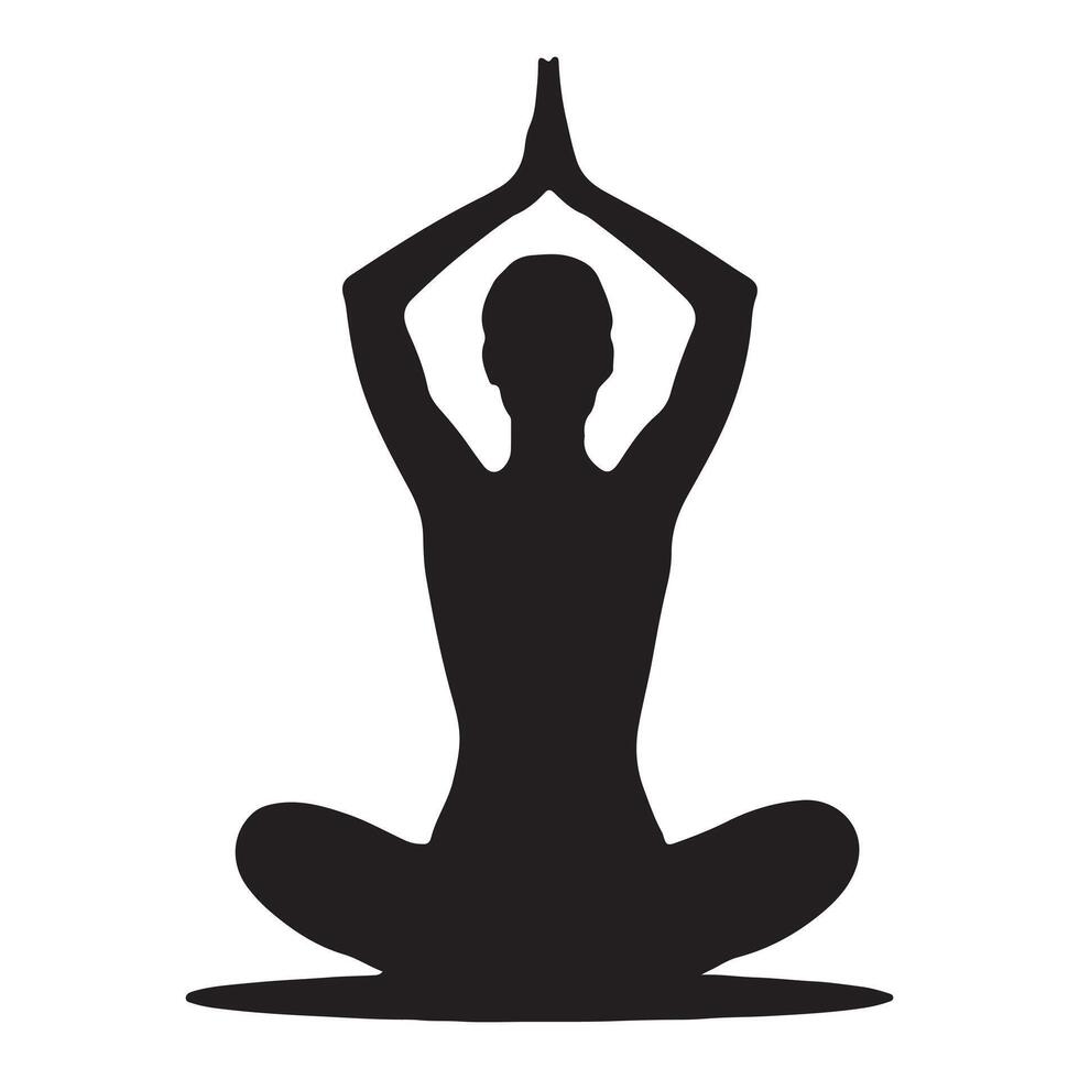 Silhouette of a person in lotus position meditating with hands together overhead vector