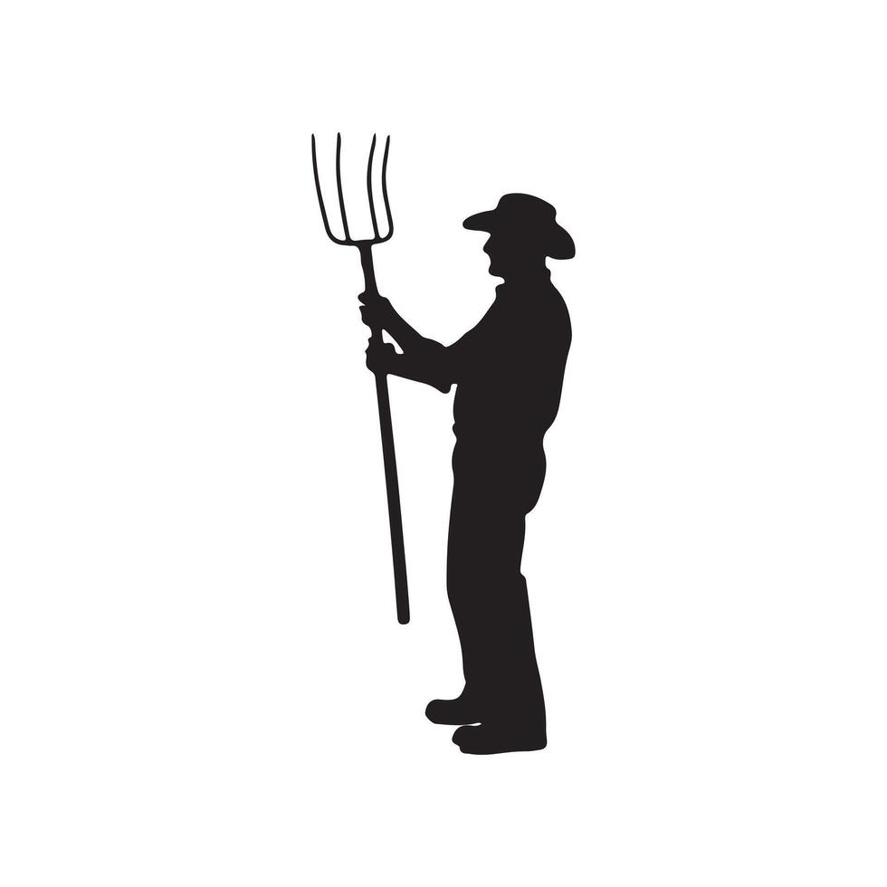 Silhouette of a farmer holding a pitchfork representing agricultural work and farming vector