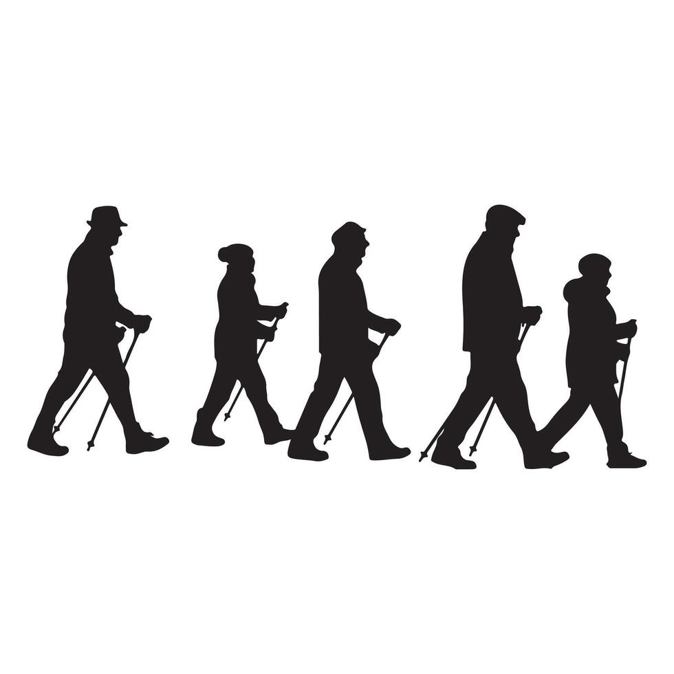 Silhouettes of people nordic walking with poles against a clean white background vector