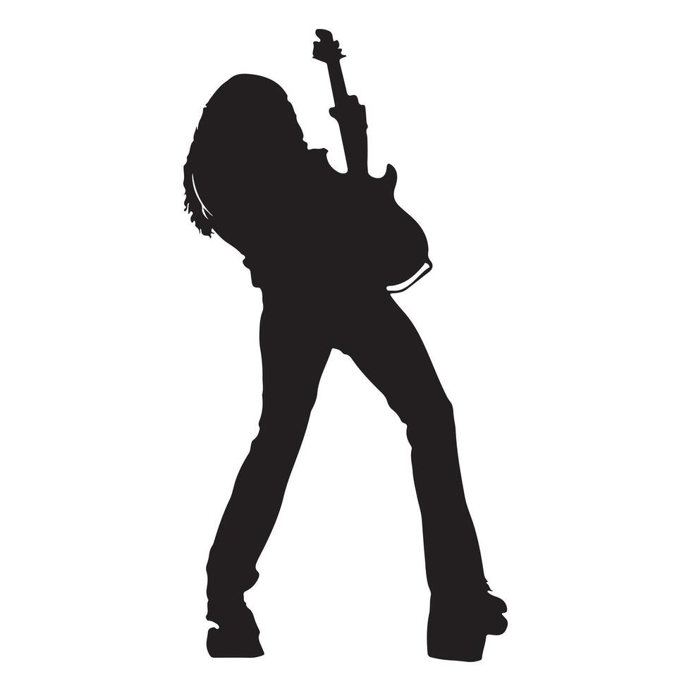 Silhouette of a rock guitarist performing on stage in a bold and dynamic pose vector
