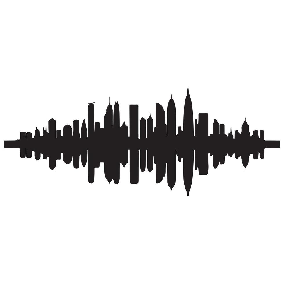 Stylized black and white illustration of a city skyline representing sound waves vector