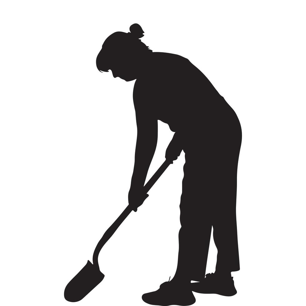 Woman silhouette using shovel in working position on a white background for designs vector