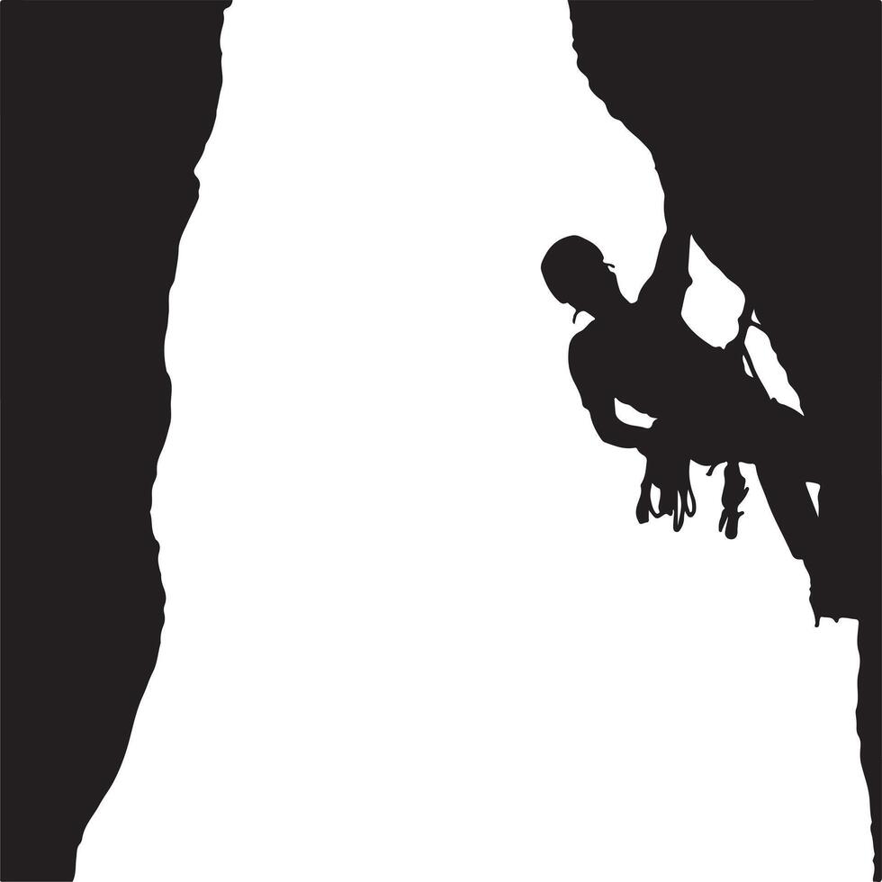 Silhouette of a climber scaling a rock face with ropes and safety gear against white background vector