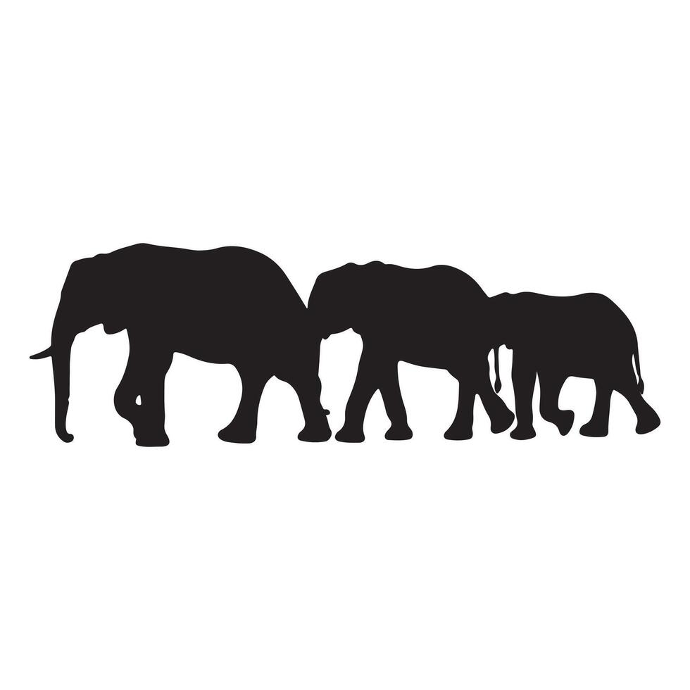 Silhouette of an elephant family walking together in black and white simple design vector