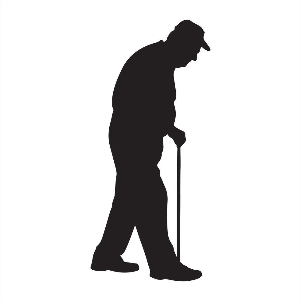 Silhouette of an elderly man walking with a cane against a white background vector