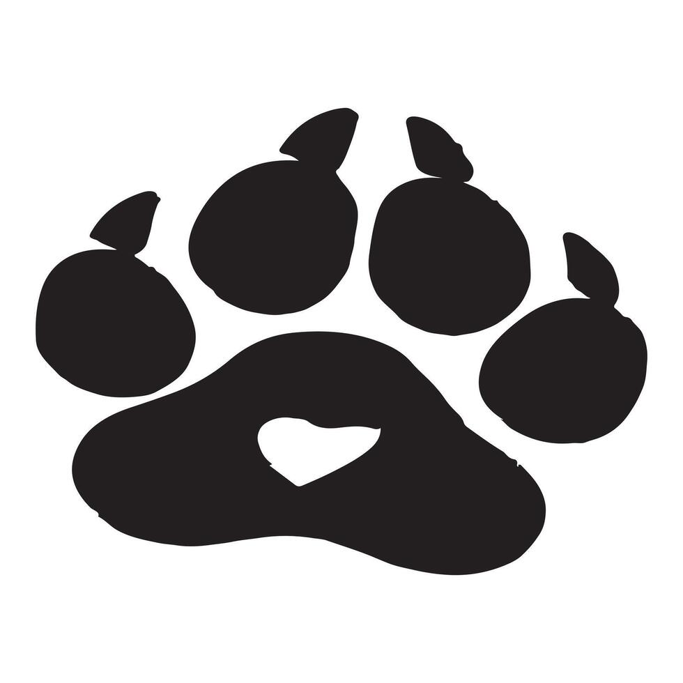 Bold black paw print silhouette with heart shape cutout symbolizing love and care vector