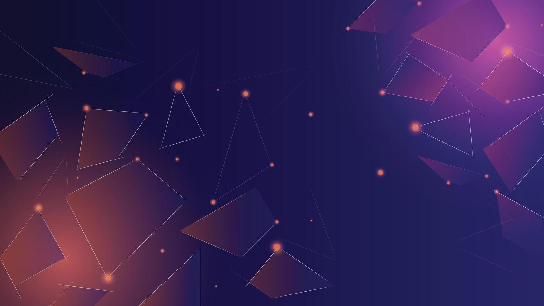 Abstract dark background featuring glowing gradient polygons and light dots in a deep blue and purple theme ideal for tech designs and modern interfaces vector