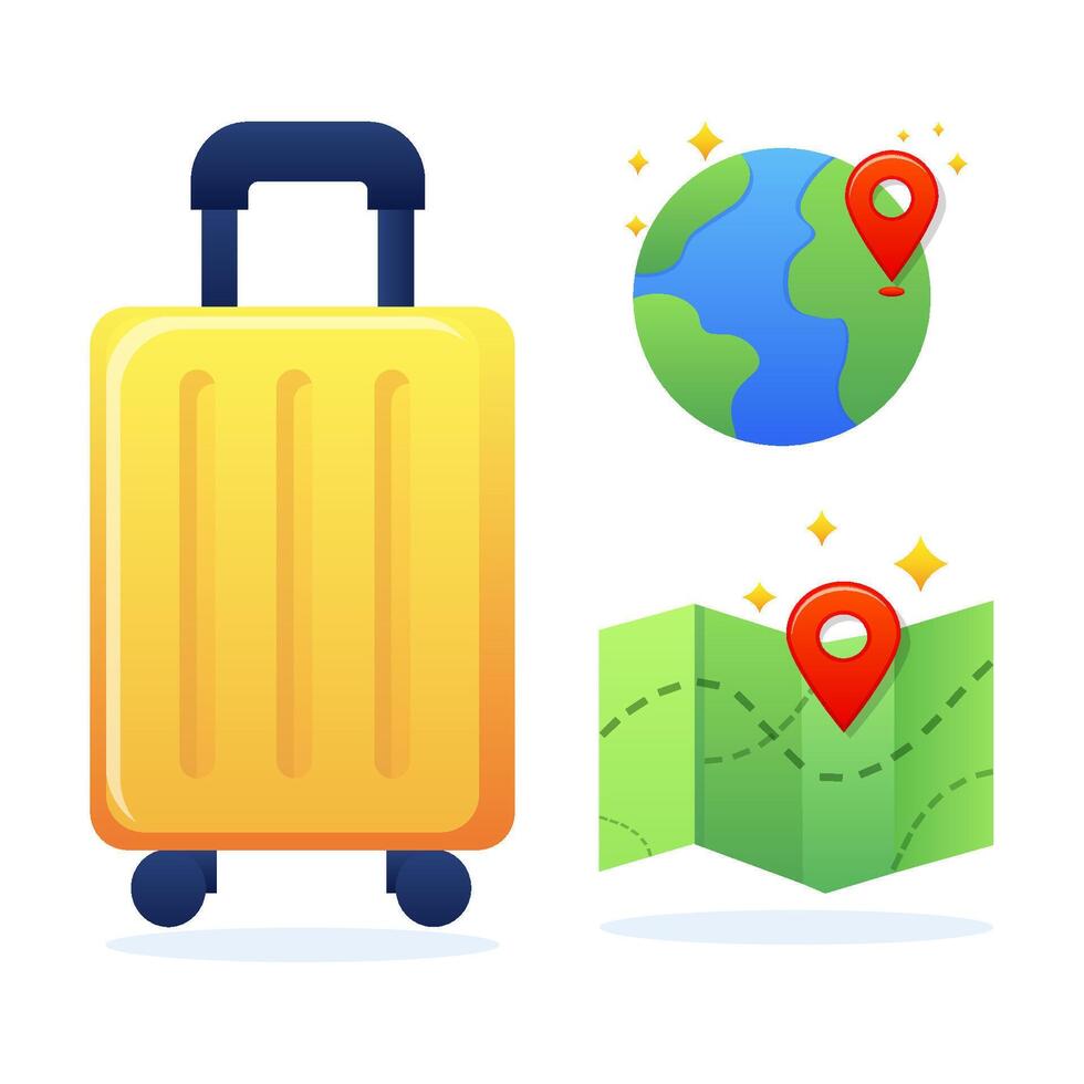 Modern travel icon set - suitcase, world map and location. illustration vector