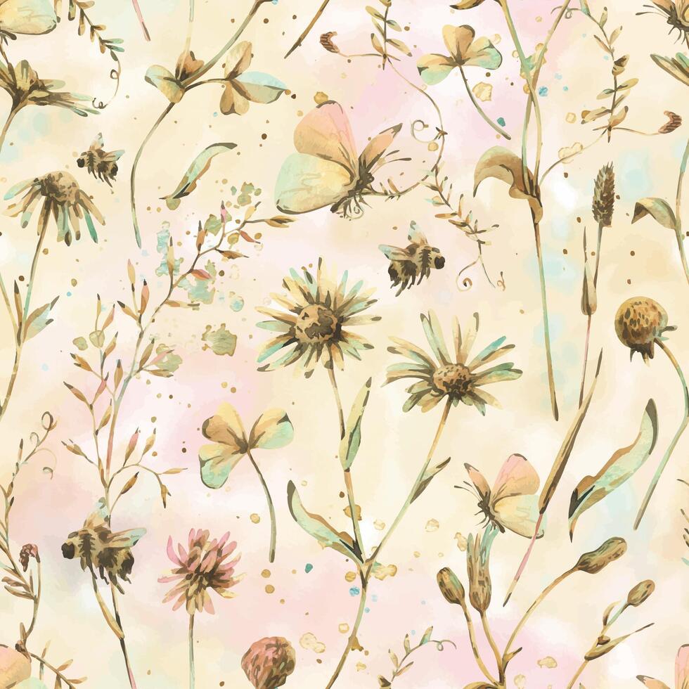 Elegant seamless pattern of hand-painted meadow flowers and herbs in soft watercolor tones. Ideal for packaging, wallpapers, fabric design, soft and gentle romantic spring or summer themes vector