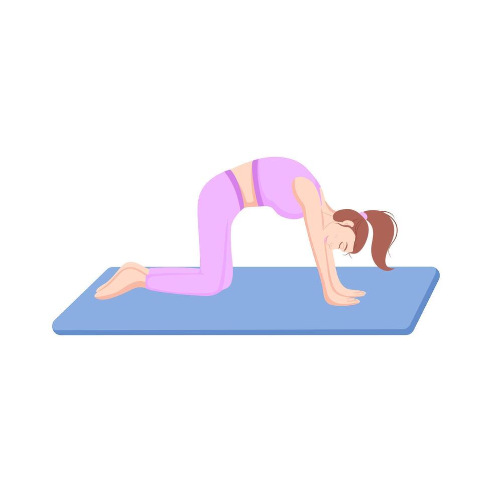 Woman practicing yoga in a cat pose on a blue mat, perfect for wellness, fitness, self-care, and flexibility themes. Flat illustration isolate on a white background. vector