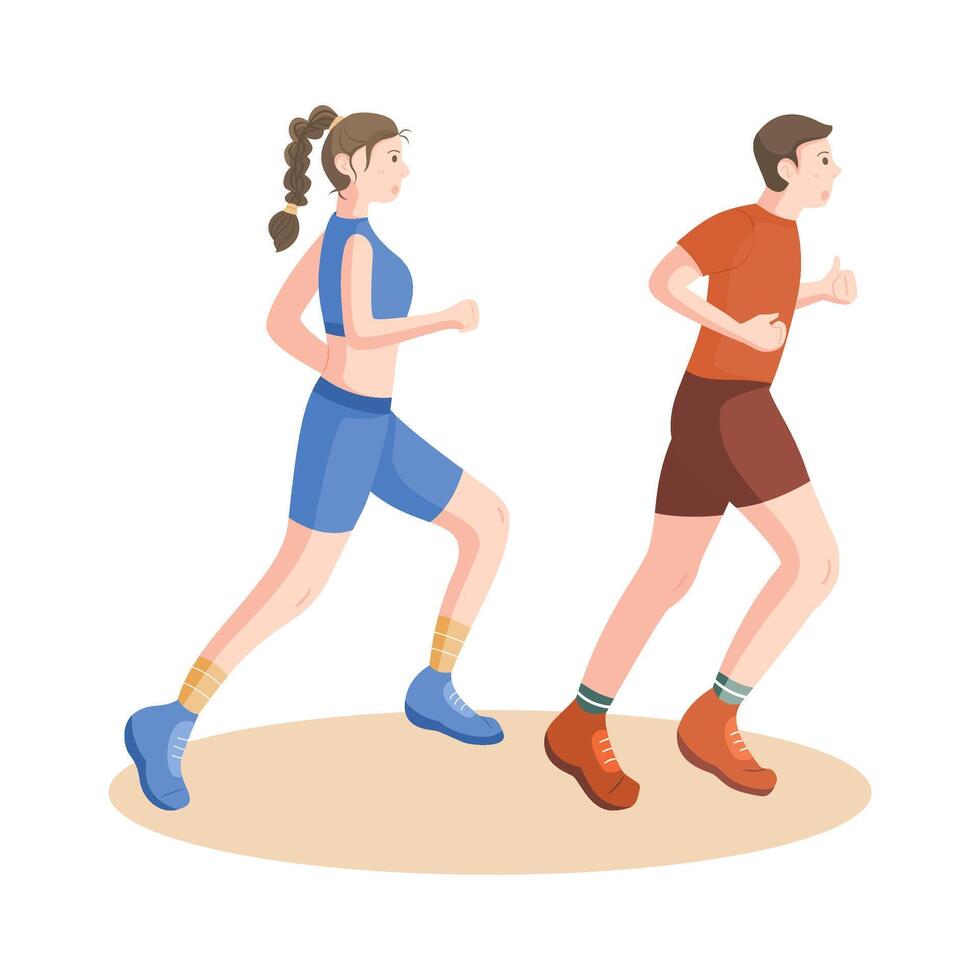 Man and woman running together, perfect for fitness, healthy lifestyle, and exercise themes. Flat illustration isolate on a white background. vector