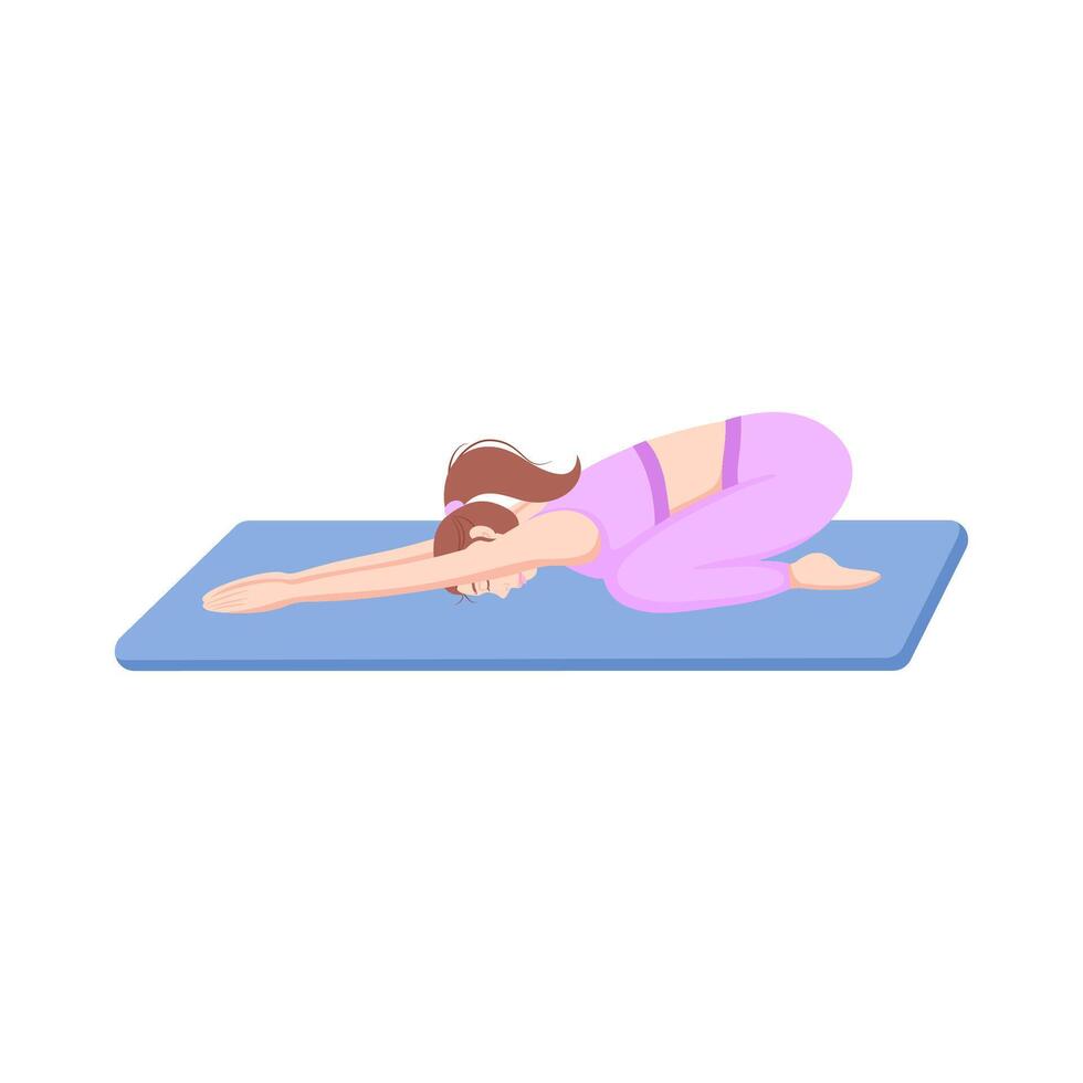 Woman practicing child pose on mat. Yoga for self care, relaxation, mindfulness and stress relief. Flat illustration isolate on a white background. vector