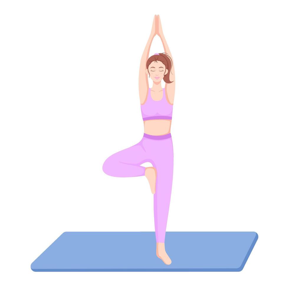 Woman in tree pose practicing yoga on mat. Balance, mindfulness, and self care in flat illustration isolate on a white background. vector