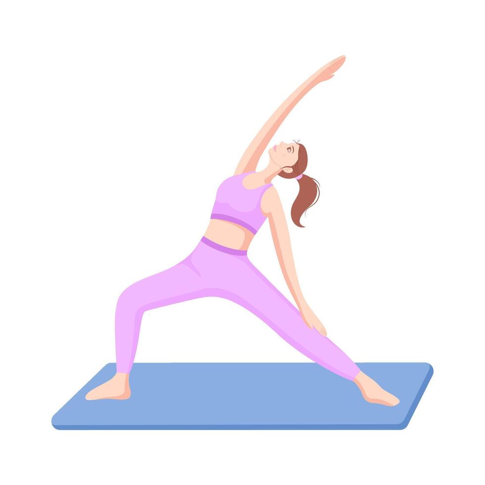 Woman practicing reverse warrior pose on mat. Yoga for strength, balance, self care, and inner peace. vector