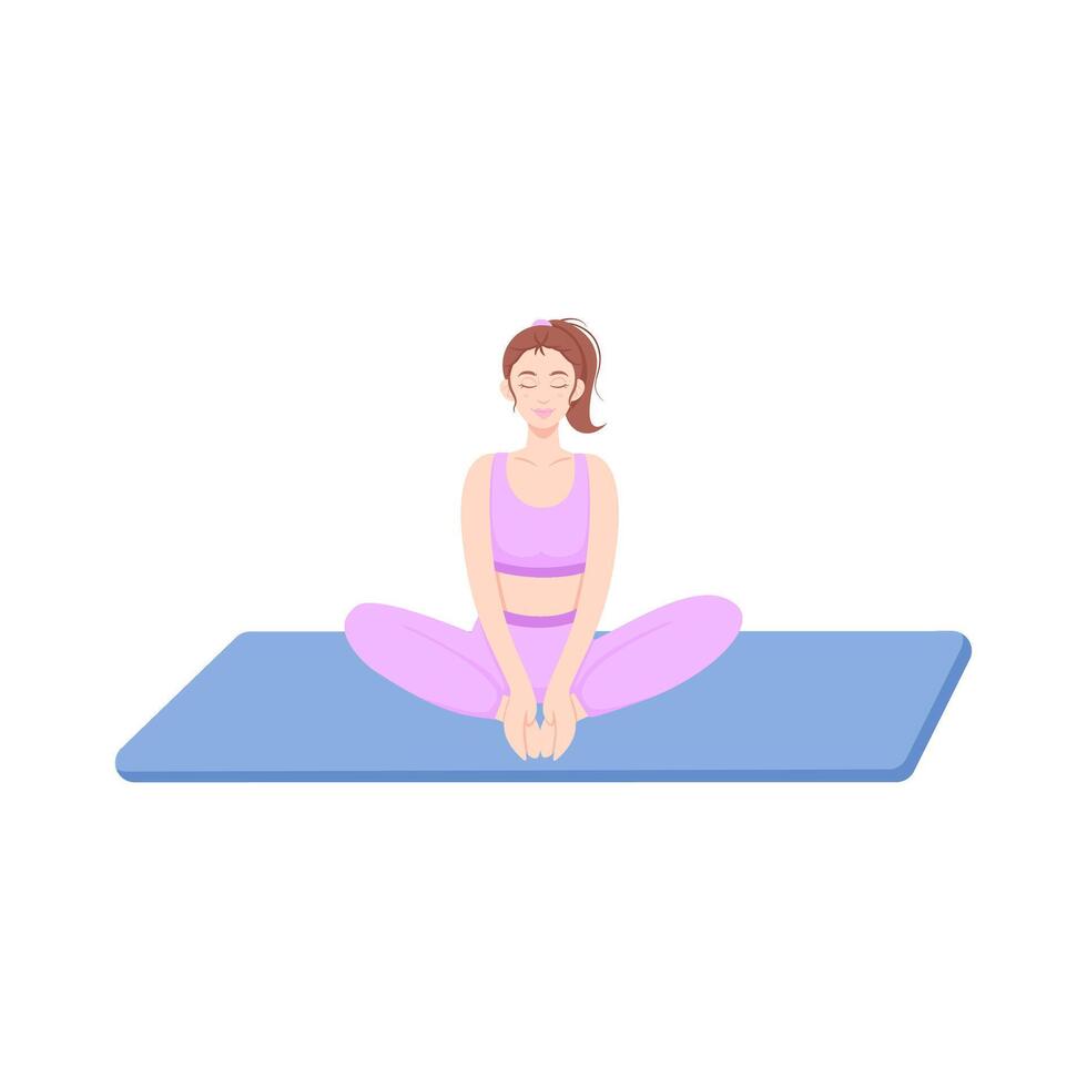 Woman doing butterfly pose or Baddha Konasana on yoga mat. Relaxing, stretching hips, and practicing self care. Flat illustration isolate on a white background. vector