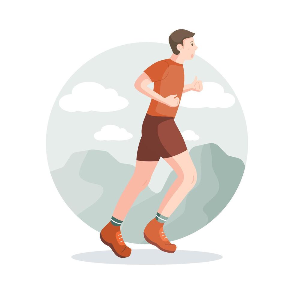 A man running outdoors with mountain view for fitness, health, and active lifestyle in flat style illustration. vector