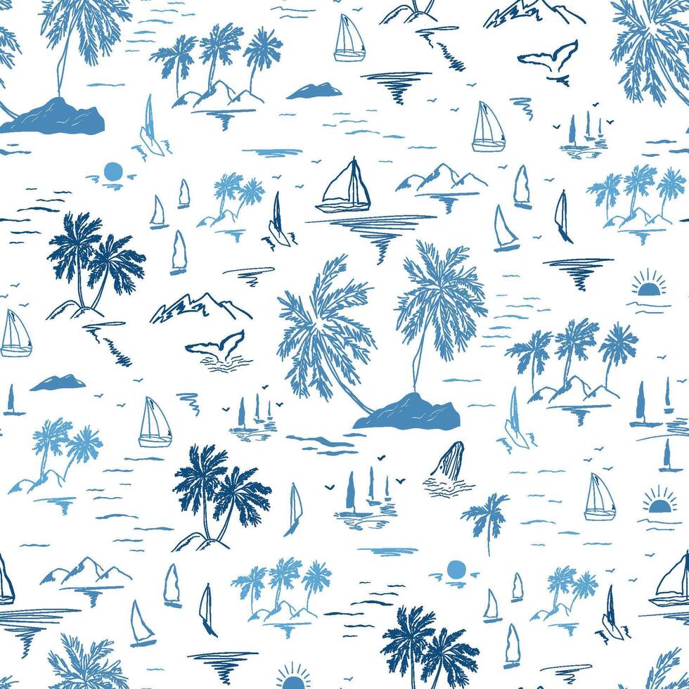 Blue sketched tropical island pattern on white background with palm tree, sailboats, yacht, waves. Summer beach landscape textile design, ocean repeat background, wallpaper in hand drawn style. vector