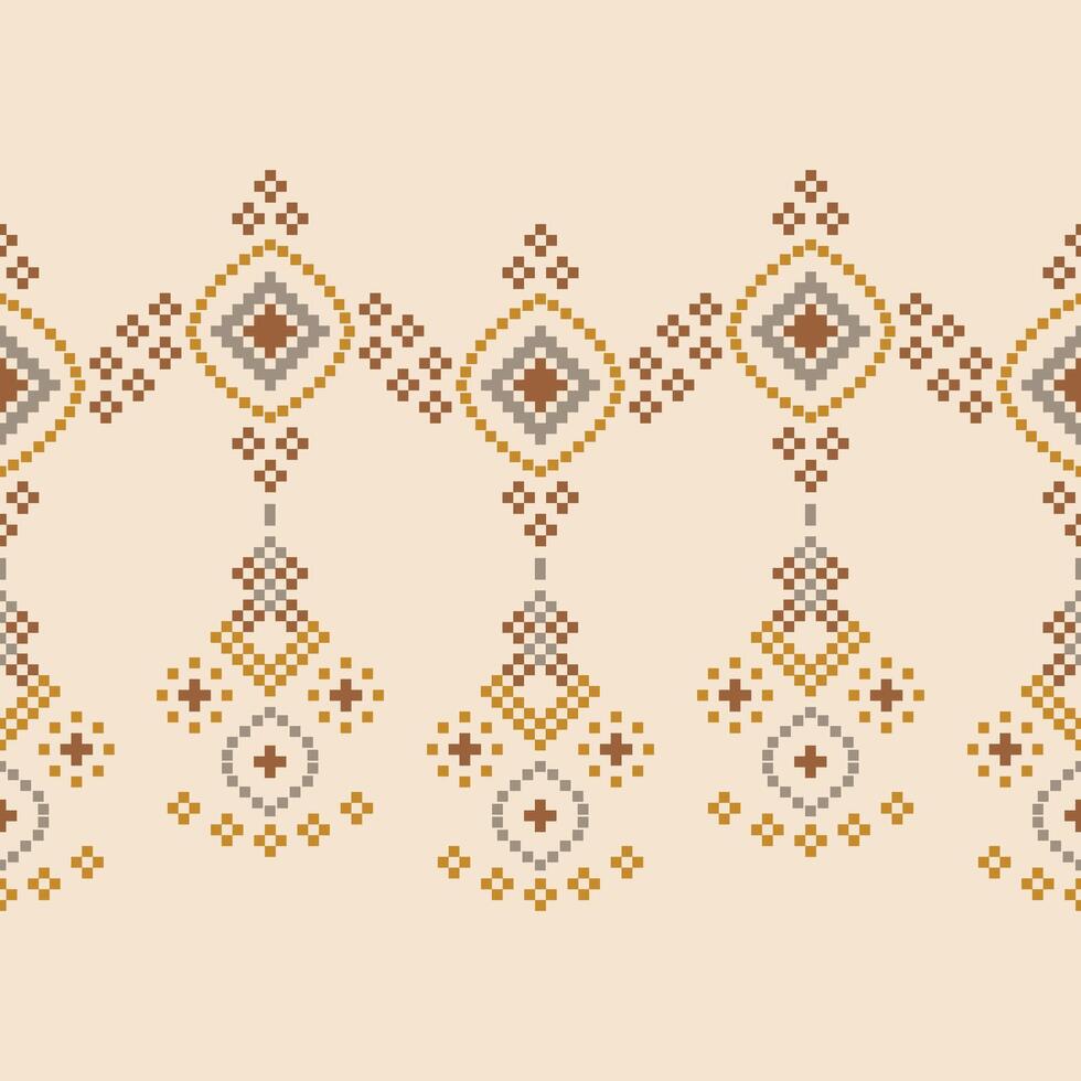 Decor of ethnic pattern of cross stitch with brown cream color background fabric pattern. vector