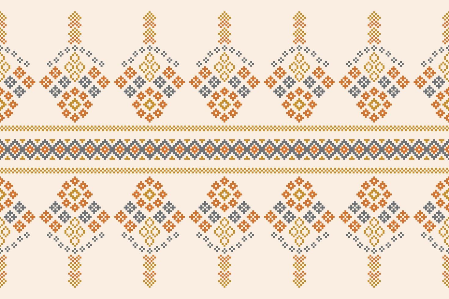 Ethnic pattern with cross stitch design brown cream color background decor. vector