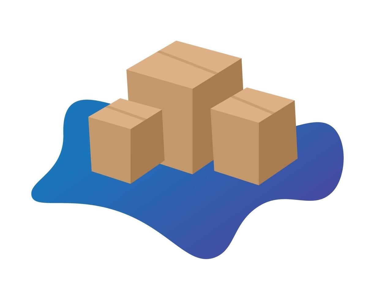 An illustration featuring three brown cardboard shipping boxes of varying sizes, resting on a wavy, abstract blue and purple gradient shape vector