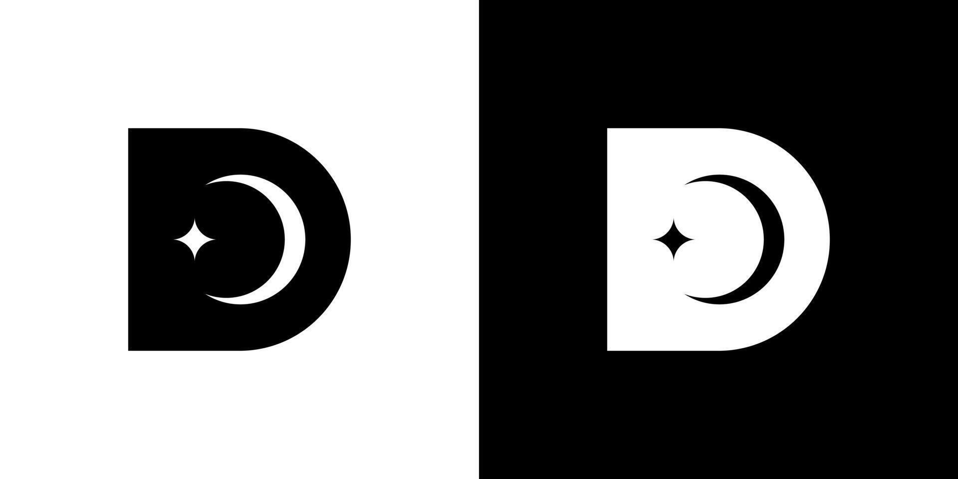 A black letter D logo with a stylized white crescent moon and a four-pointed star in its negative space, symbolizing dreams, night, or celestial elements. vector