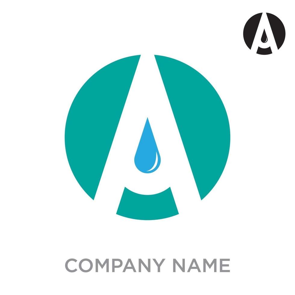 A modern logo featuring a white letter A integrated within a teal circle, with a blue water droplet in the center, symbolizing purity, hydration, or a fluid solution. vector