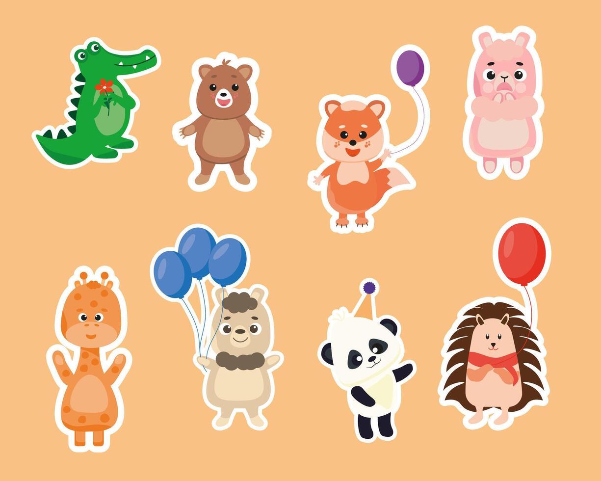 A set of stickers with funny cartoon animals. A set of stickers depicting giraffe, llama, bear, hedgehog and crocodile on a beige background vector