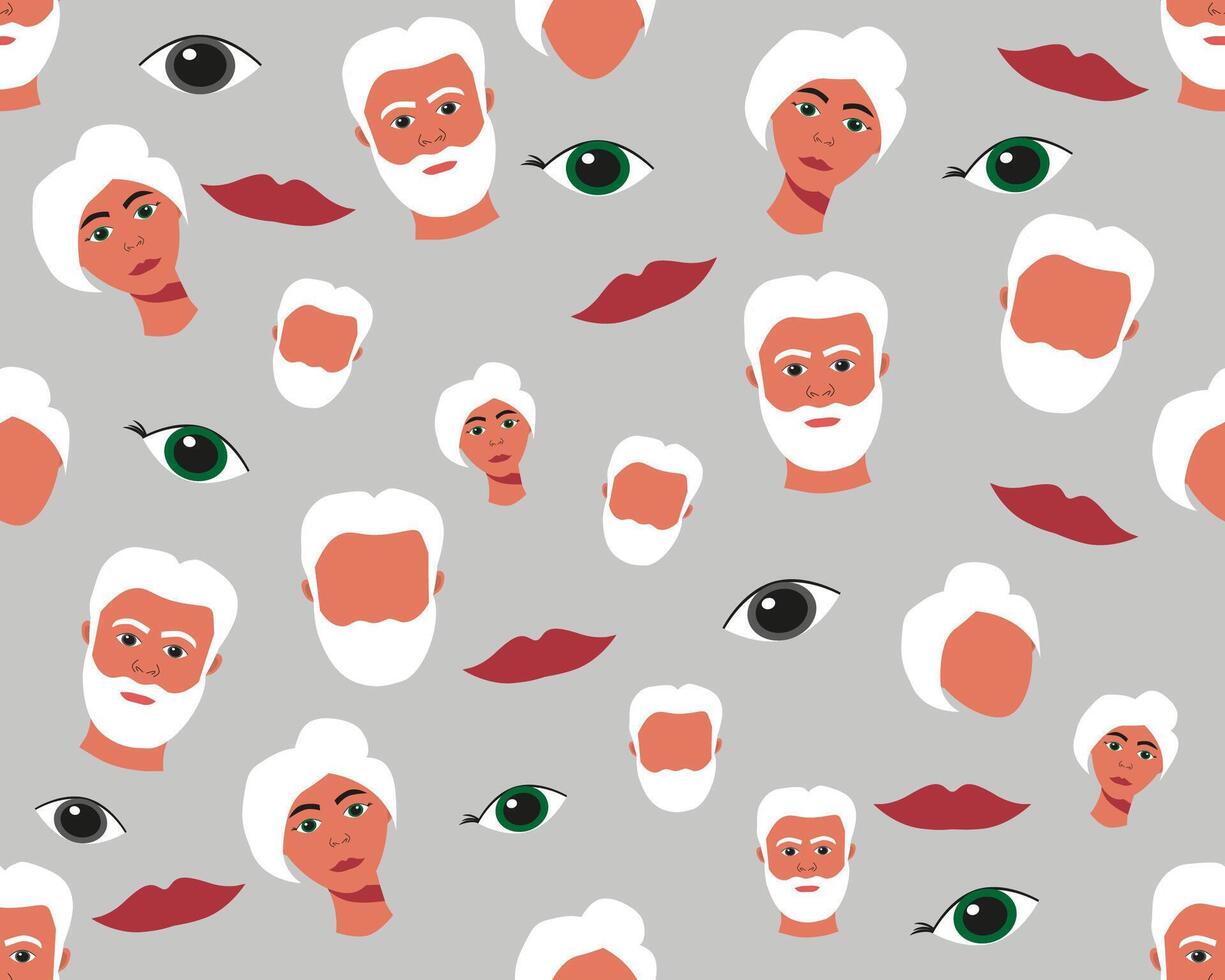 Seamless pattern with the faces of a man and a woman, eyes and lips on a gray background vector