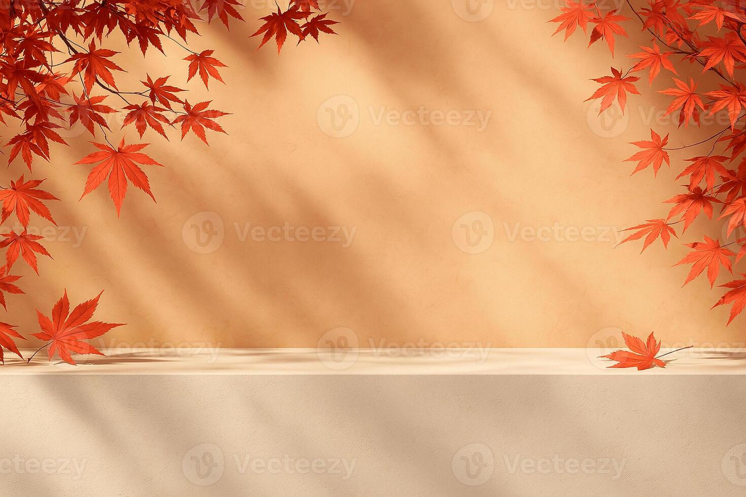 Autumn scene with red maple leaves framing a neutral background, symbolizing fall, seasonal change, nature, and tranquility in a warm, inviting environment photo