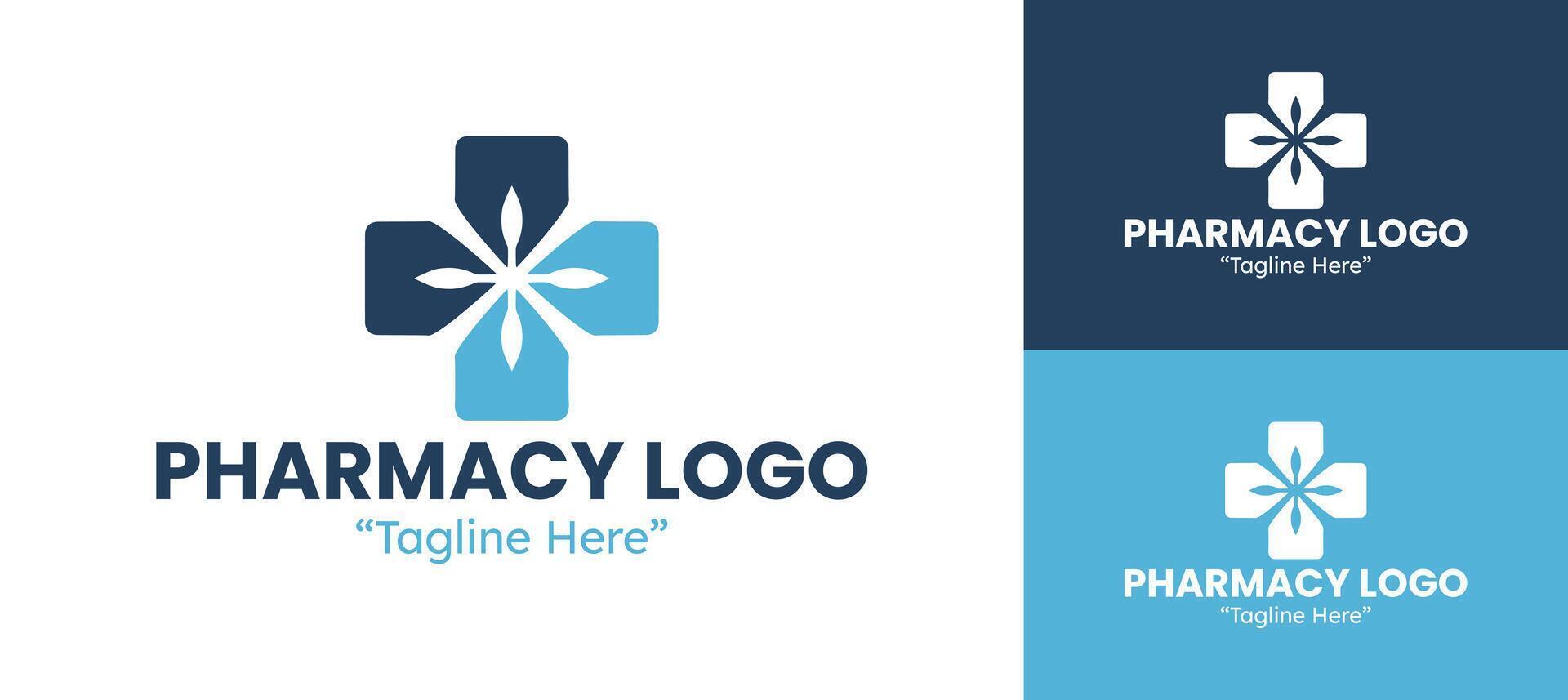 Clean and Professional Pharmacy Logo with Medical Cross and Leaf Symbol in Blue and White vector