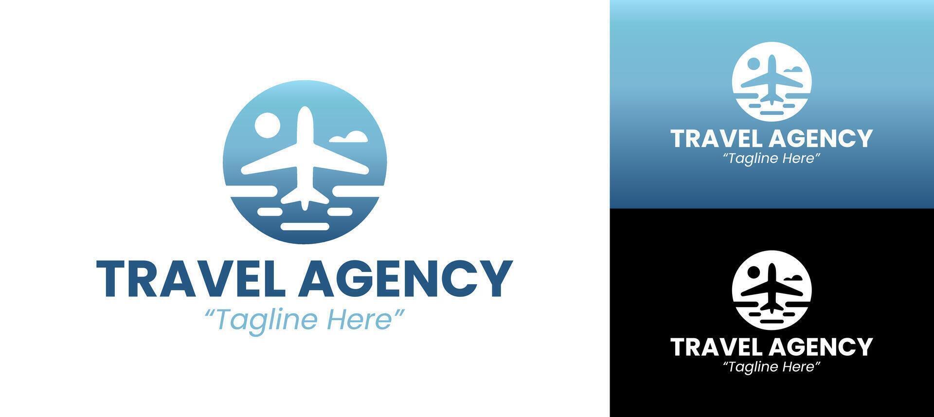Flat Blue Travel Logo with Plane Flying Over Sea and Clouds for Modern Tourism Identity vector