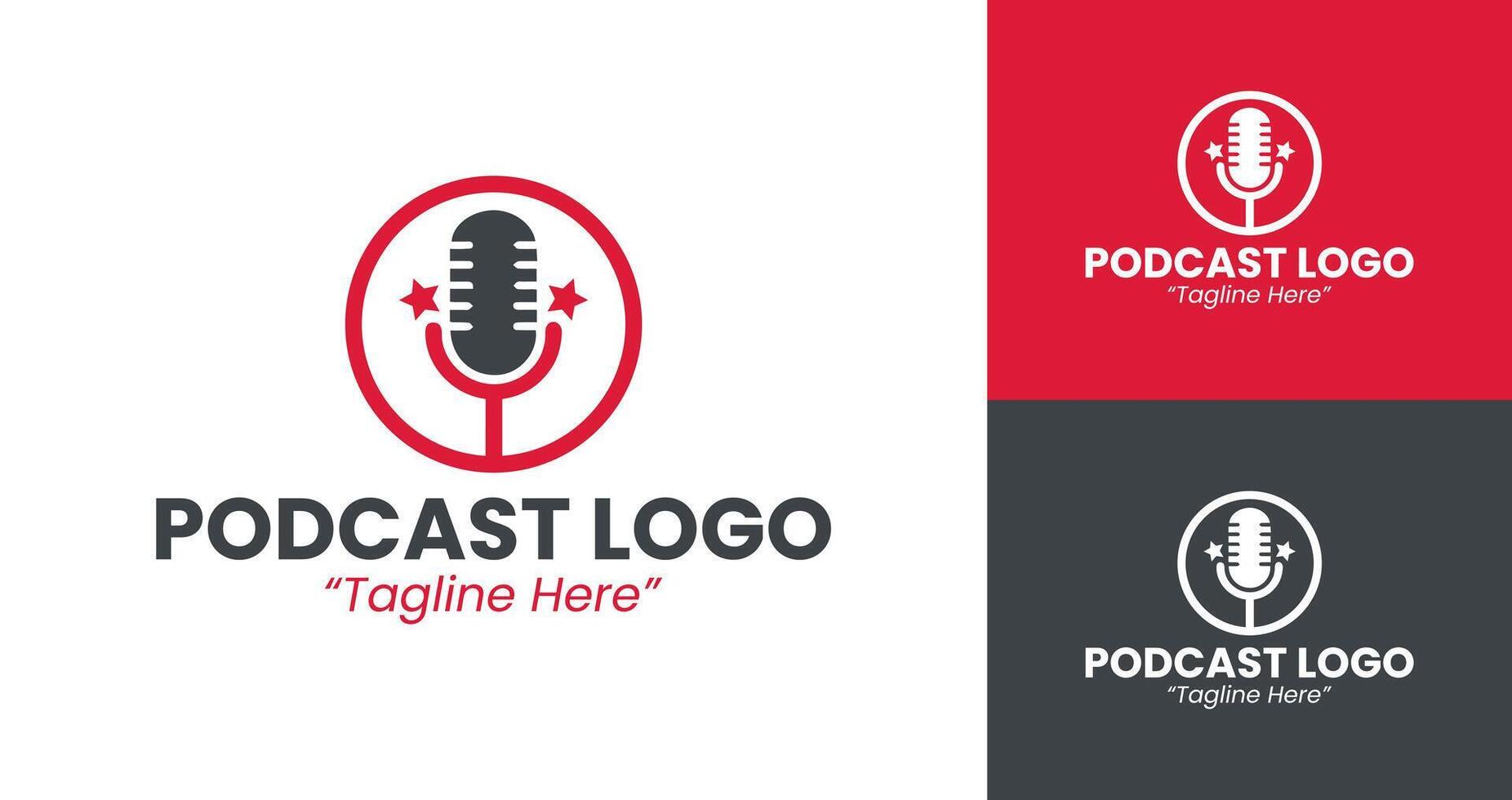 Creative Podcast Logo with Red Microphone Icon and Gray Circular Frame vector