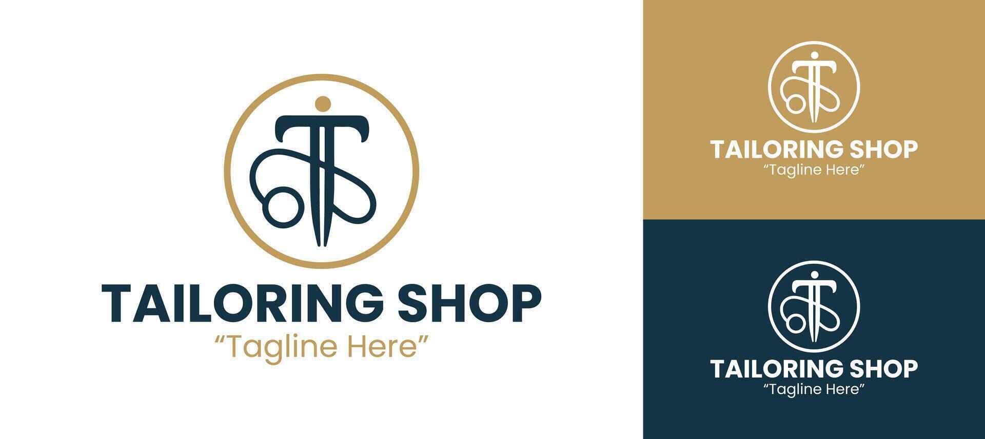Unique and Professional Tailoring Shop Logos with a Needle and Thread Motif in Blue and Gold vector