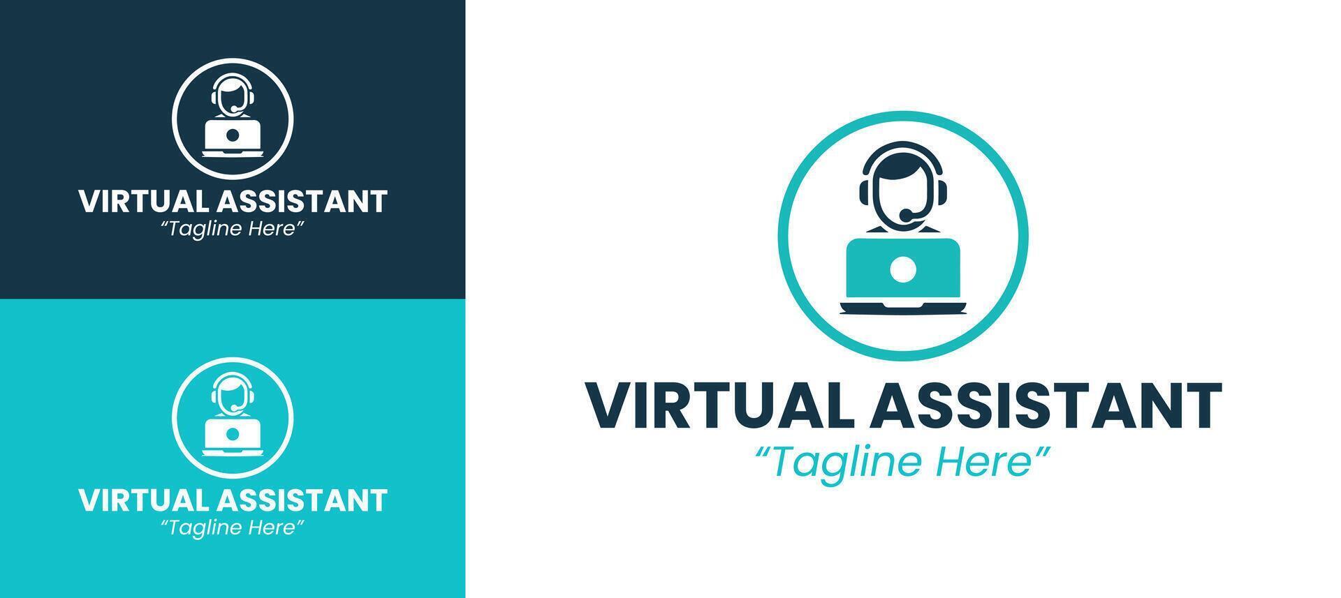Clean and Professional Virtual Assistant Logo with Headset and Laptop Icon in Teal and Blue vector