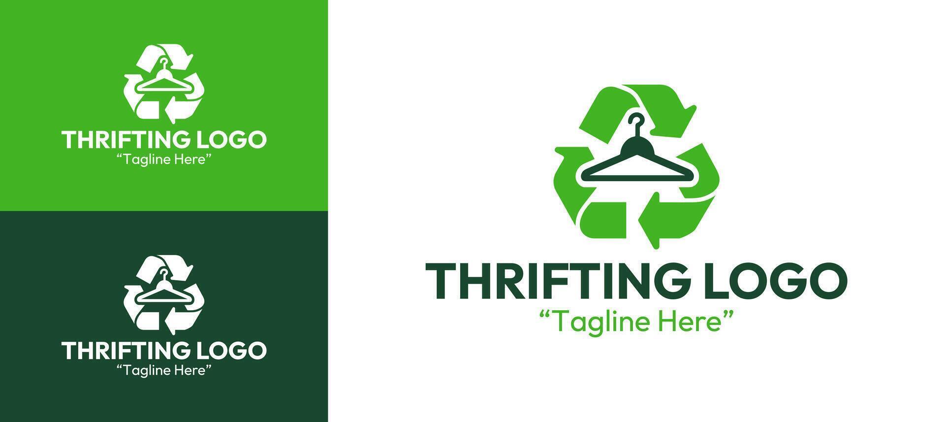 Professional Green and Dark Green Thrifting Logo with Circular Hanger Symbol and Recycle Motif vector