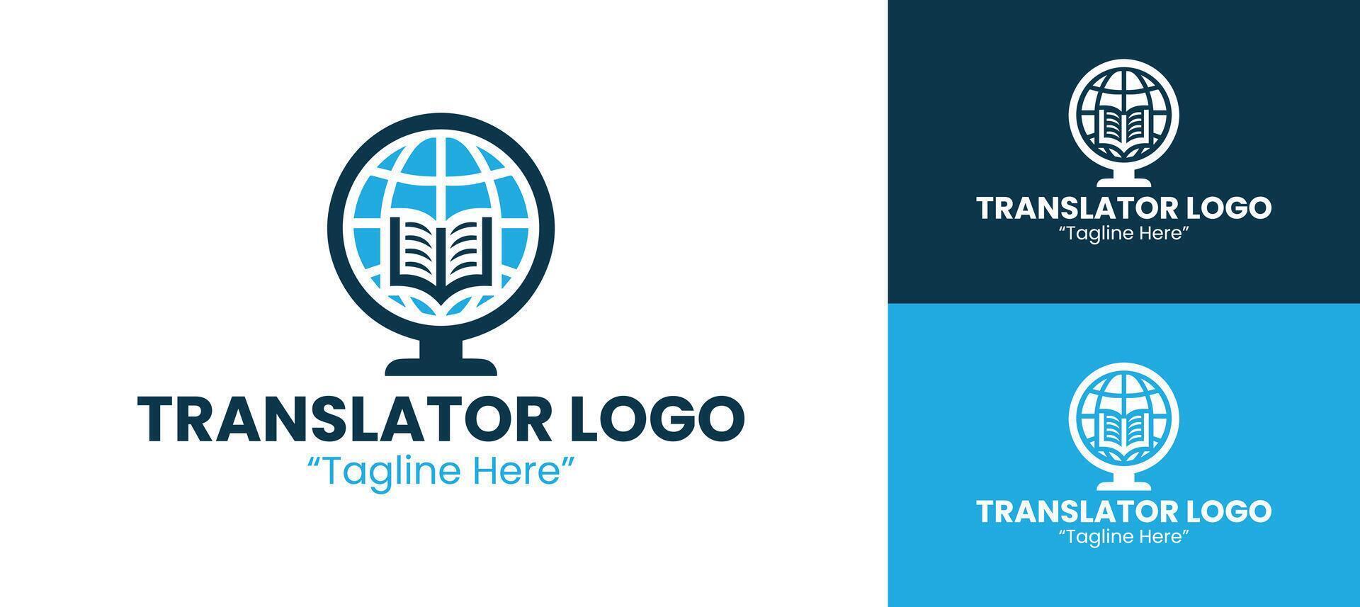 Modern Blue and Navy Translator Logo with Abstract Globe and Book Symbol for Global Education vector